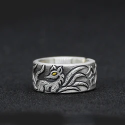 925 Thai Silver Fox Rings Retro Personality Niche Trend Jewelry Fashion Charms Accessories Retro Opening Adjustable Gift