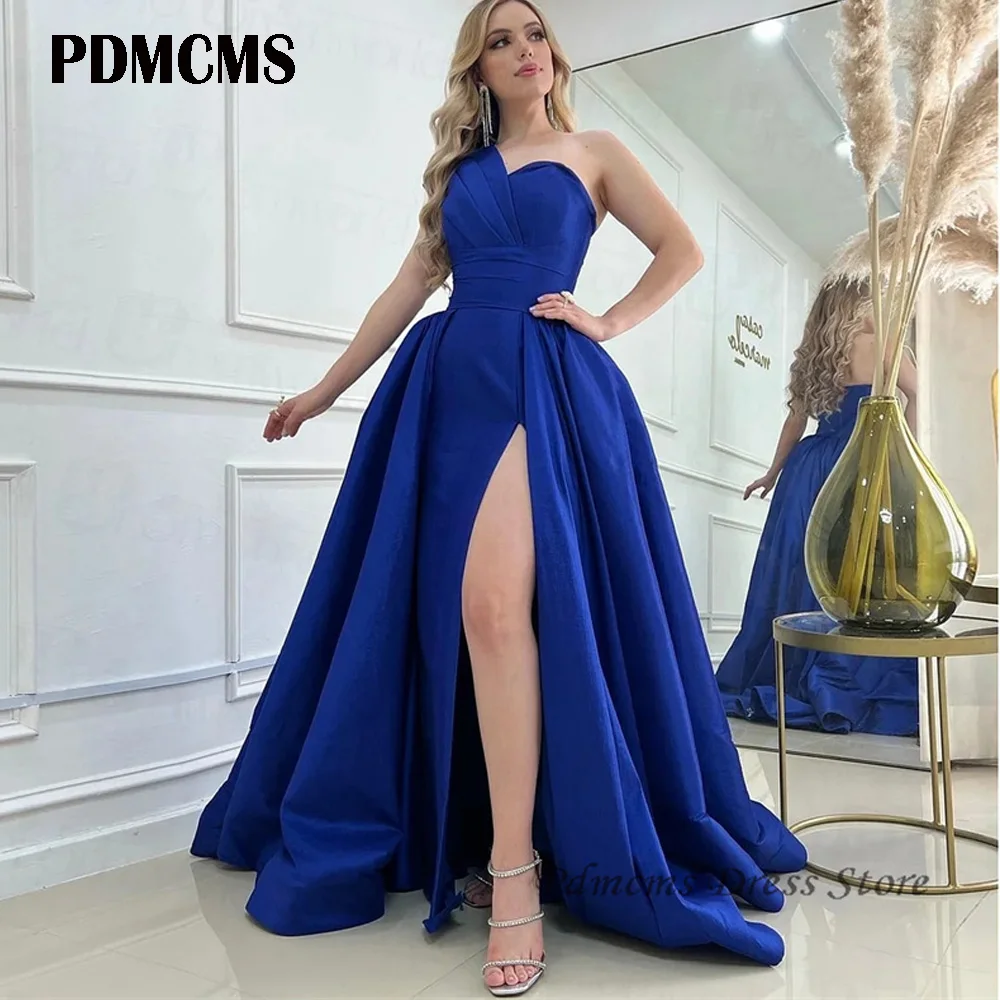 

Royal Blue Evening Dresses One-Shoulder Simple Split Long Prom Gowns Sweep Train A-Line Satin Elegant Formal Party Dress 2024