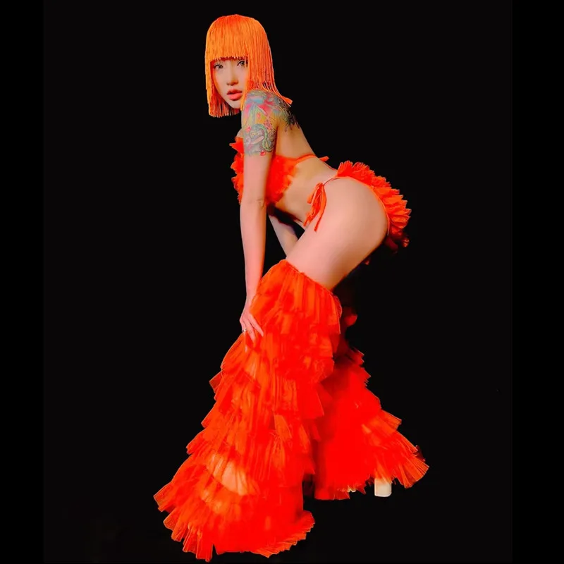 مثير ملهى ليلي Gogo مجموعة زي الفلورسنت البرتقالي بيكيني شعر مستعار رقيق غطاء الساق الهذيان وتتسابق DJ راقصة أداء المرحلة ارتداء