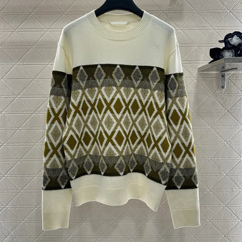 

Hugh quality Women's Clothing 100% Merino Wool O-Neck Pullover Diamond Plaid Design Loose Fit Top Lazy Style Sweater 25816115