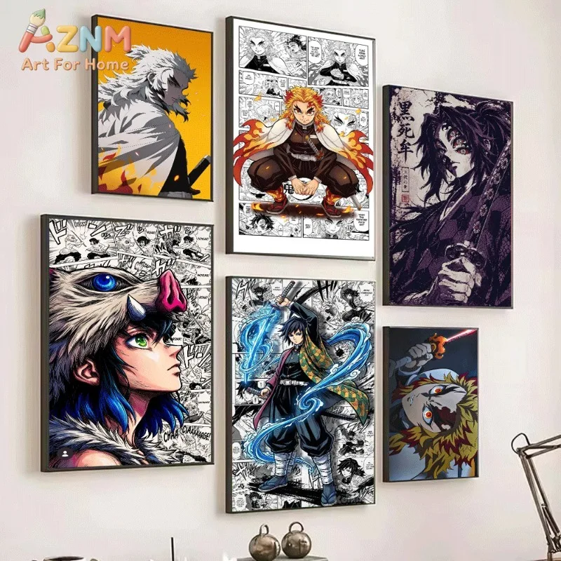 Demon Slayer Anime Canvas Wall Art Rengoku Kokushibo Inosuke Giyuu Tanjiro Nezuko Manga Poster Unframed Canvas Painting Home Bed