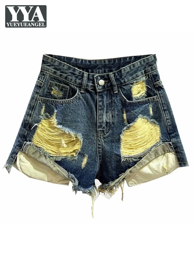 

Vintage Women Hole Ripped Denim Hot Shorts Tassels High Waist Casual Trousers Summer Hip Hop Pocket Flare Short Jeans Streetwear