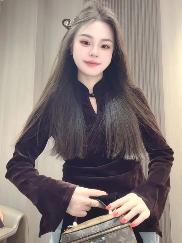 

Зимний модный женский костюм: трикотажный комплект с длинными рукавами, приталенный, с воротником-стойкой и рукавами-колокол, в стиле китайской национальной моды, для повседневной носки