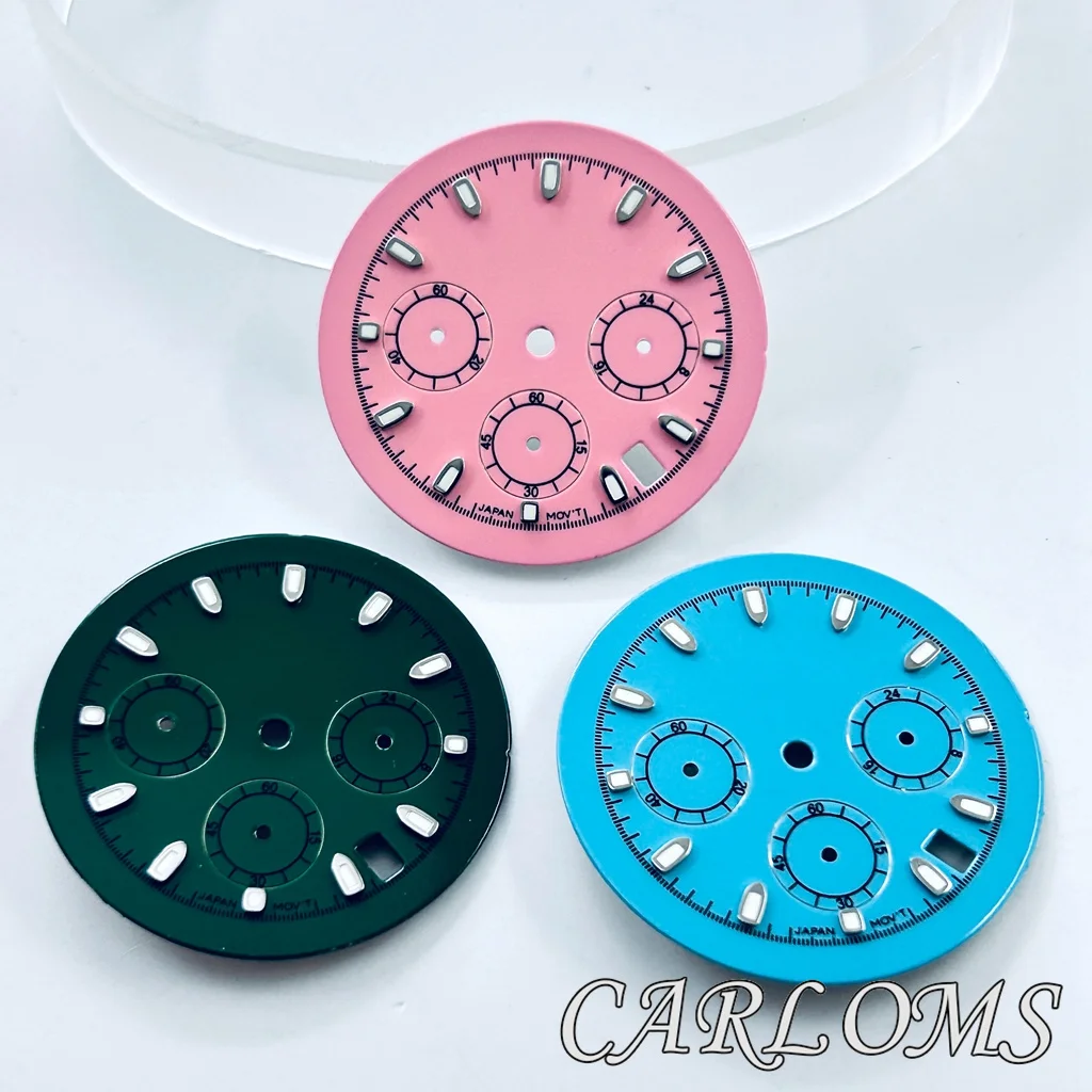32.5mm VK63 Watch Dial 6 hands Green Luminous Date Quartz Movement Chronograph Face Blue Green Pink
