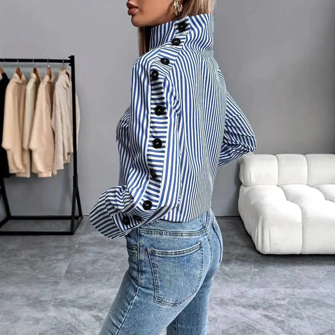 Spring Shirt New Stripe Long Sleeved Top For Women Elegant Office Lady Spliced ​​Buttons Pullover Woman Blouse 2025 Blusas