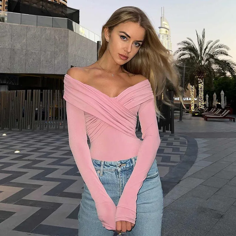 Frauen Weg Schulter Shirts Kurze Shirts Mode Vorne Kreuz Langarm Slim Fit Tops Damen Kleidung Clubwear Weibliche Streetwear