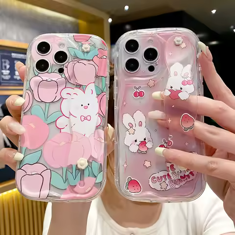 Wrist Strap Case For Samsung S25 S24 S23 S22 Plus Ultra S21 S20 FE A55 54 35 15 52S 53 73 25 Cartoon Rabbit Phone Holder Cover