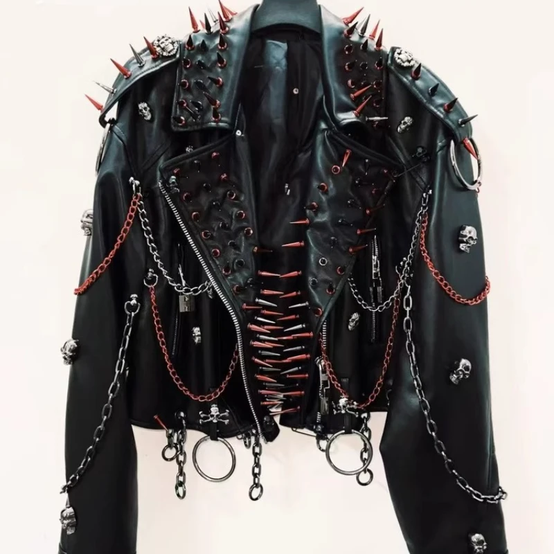 Original Punk Heavy Industry Black Women's Coat Autumn New Red Rivet Chain Dark Sweet Cool Personalized Leather Jacket Ladies