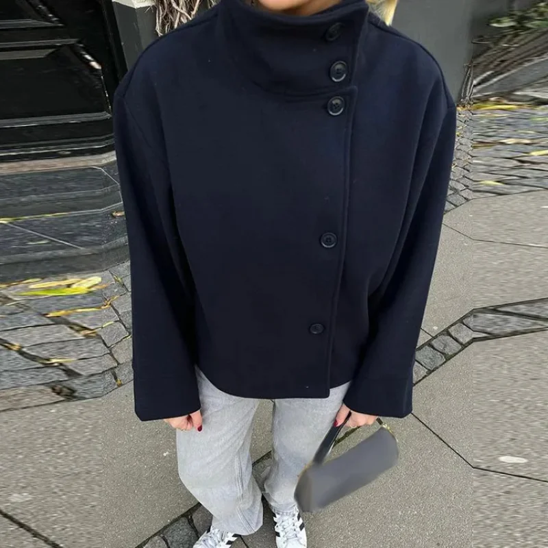 Dunkelblaue Wolljacke für Damen, 2025, Frühling, einreihig, Stehkragen, lockerer weiblicher Mantel, Bürodame, Straße, kurze Oberbekleidung, Tops – Detail 23