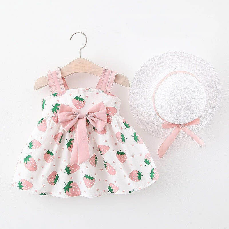 Baby Beach Dress Summer 2 Piece Set With Bow Strawberry Print Strap Girl Baby Dress And Hat Sweet Children\'S Clothing