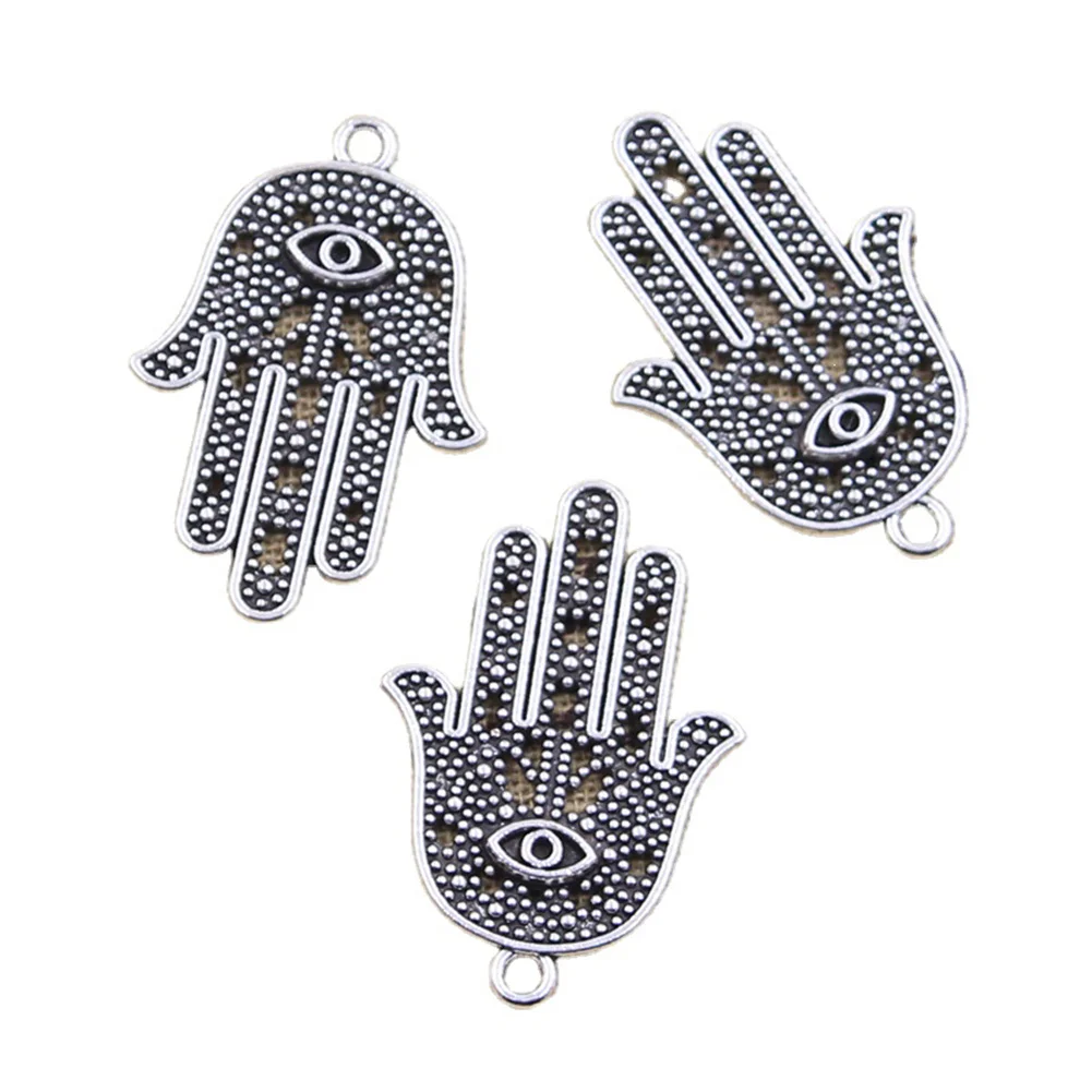 Abalorios de plata antigua para fabricación de colgantes, abalorios de ojo, Hamsa, palma, Fátima, protección de la mano, accesorios tibetanos hechos a mano, 15 piezas