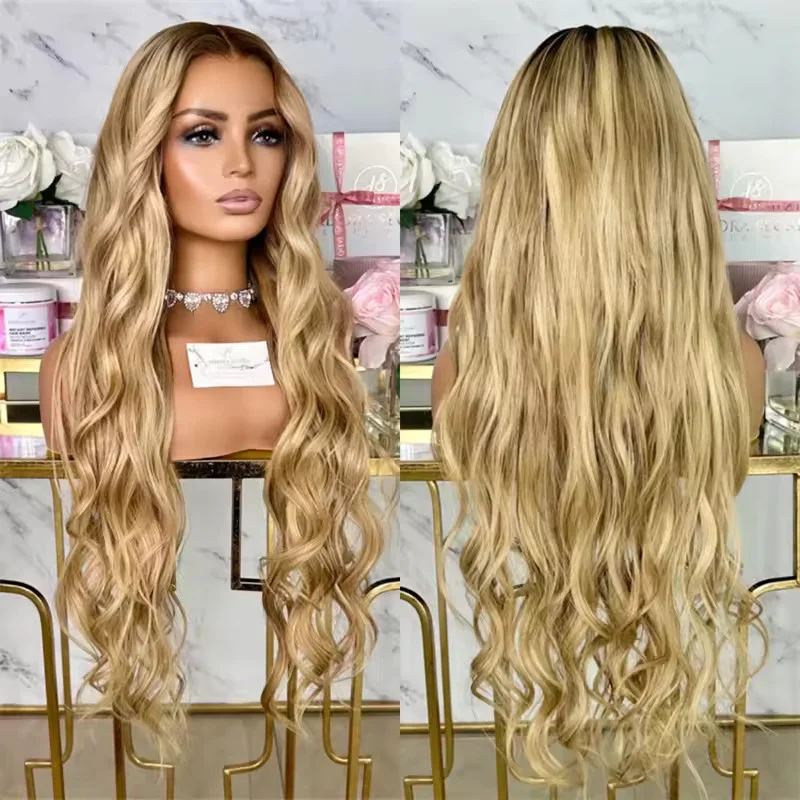 Long Wave Ombre Golden Blonde Balayage   Human Hair Lace Front Wigs 13x4