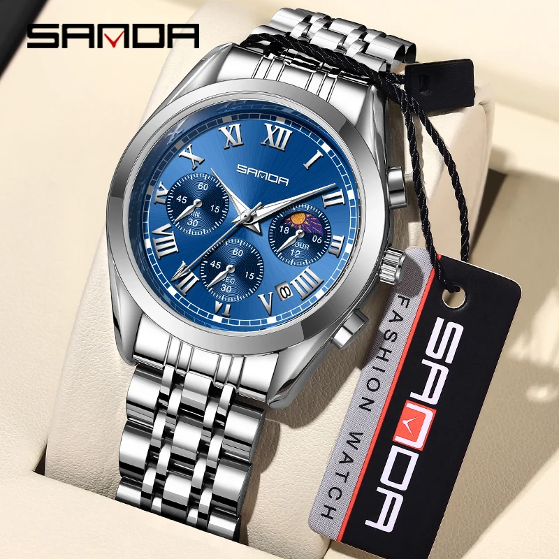 Sanda New Stainless Steel Quartz Movement Men Watches Fashion Rome Scale Luxury Waterproof Luminous Date Man Sports Timing Watch