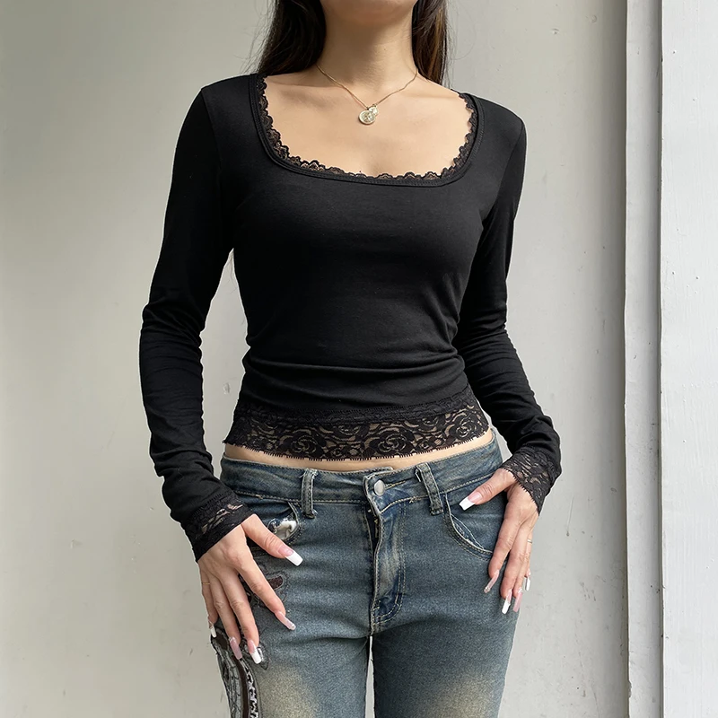 T-shirt noir sexy à manches longues pour femmes, t-shirts en dentelle, streetwear à la mode, haut décontracté à col rond, mince, polyvalent, femme, automne, nouveau