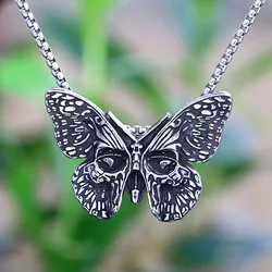 2024 New 316L Stainless Steel Butterfly With Skull Pendant Necklace Personality Chrom HipHop Halloween Jewelry Party Gift