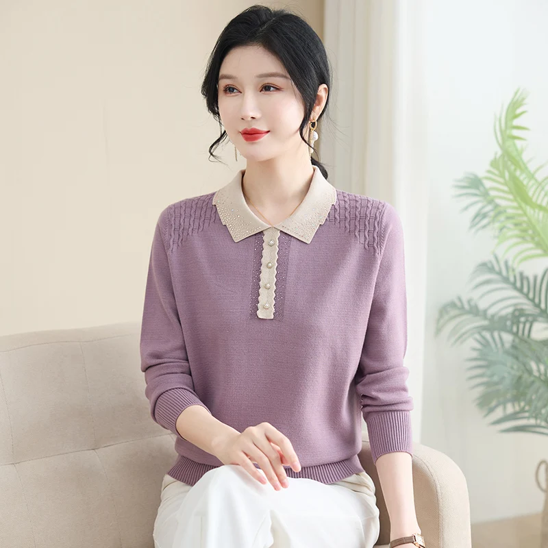 

Faionable Knitwear Base Layer Sweater Young Mom Spring Autumn Sle Loose Fit V-Ne Button up Middle Age Women's Clothing