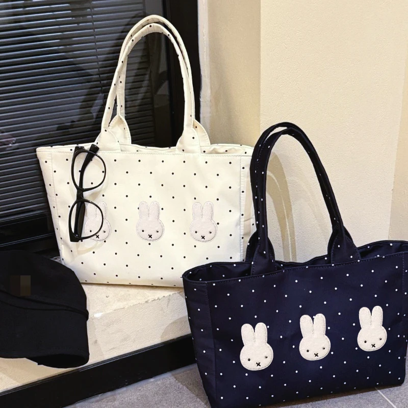 Miffy Kawaii Black & White Polka Dot Tote Bag Compact Commuter Handbag for Women & Teens Cute Bunny 2025 New Ins Lightweight