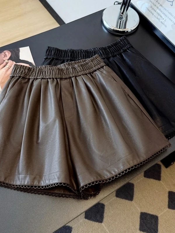 

High Waist PU Leather Wide Leg ort Pants Women's Autumn Winter Small Size Elastic Waist Lace Trim Casual Sle Commute Frie...