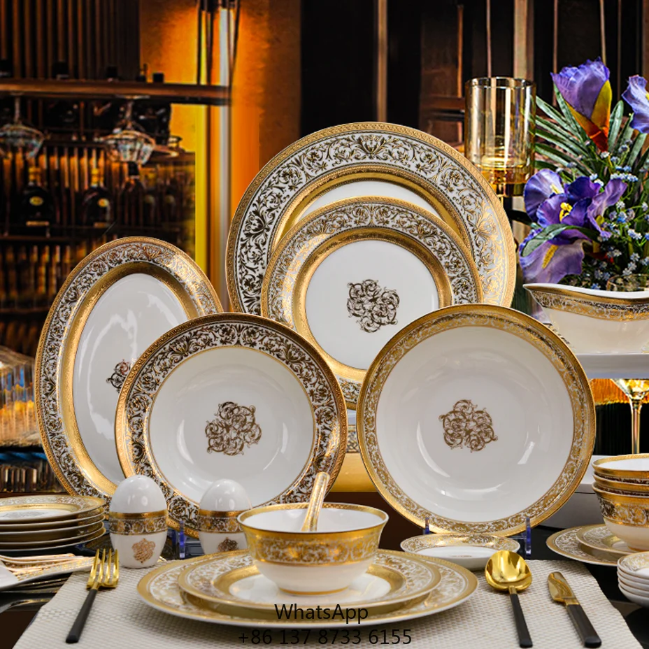 

Luxury 79pcs Embossed Gold Porcelain Bone China Wholesale Dinnerware Dinner Plate Dishes Bowls For 12 People