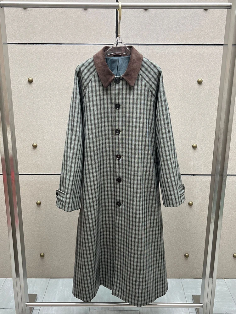 Corduroy patchwork square neck checkered trench coat, a new stylish and elegant long women's coat for autumn and winter 2026