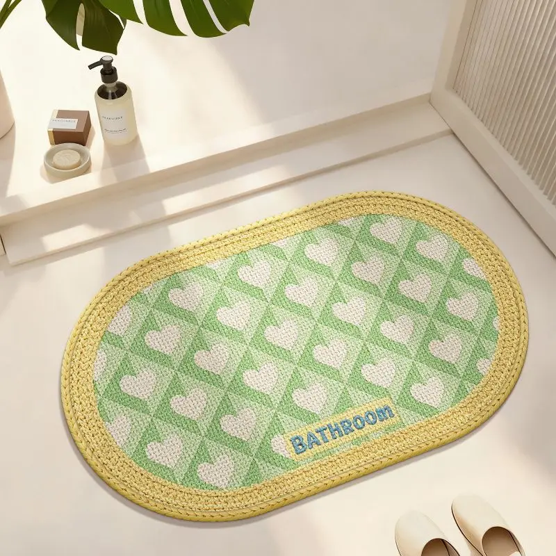 VIKAMA Oval Knit Look Bath Mat Non-Slip Super Absorbent Washable Heart Text Printed Floor Mat for Bathroom Entryway Home Decor