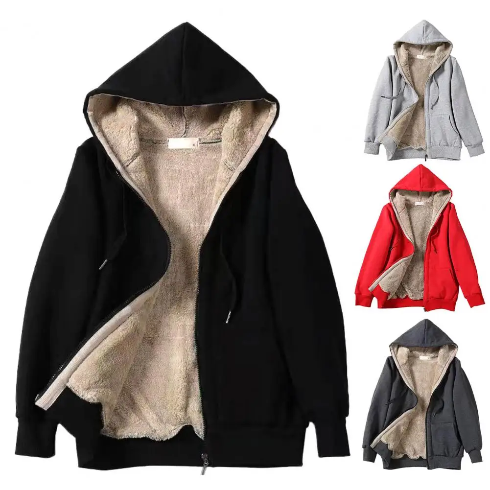 

Plush Lining Sweatshirt Keep Warm Fleeced Lined Women Sweatshirt Drawstring Ribbed Cuff Zipper hoodie Jacket Autumn Warm Coat