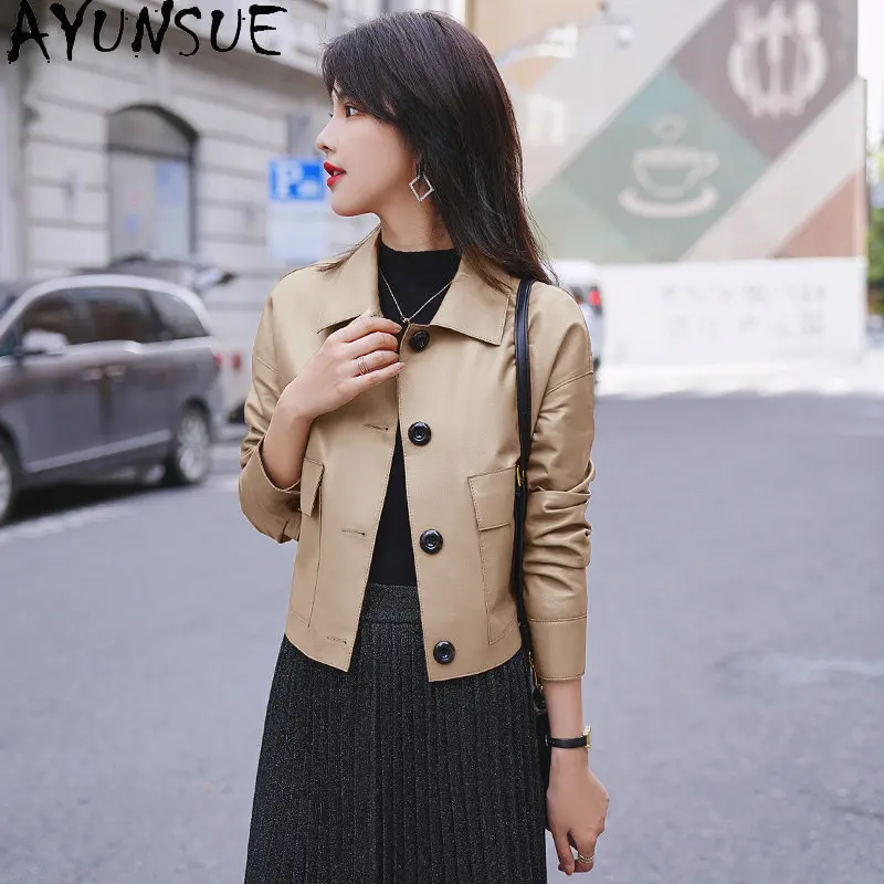 AYUNSUE-Blouson Court en Cuir group pour Femme, Veste en Peau de Mouton 100% Naturelle, à Revers, Slim