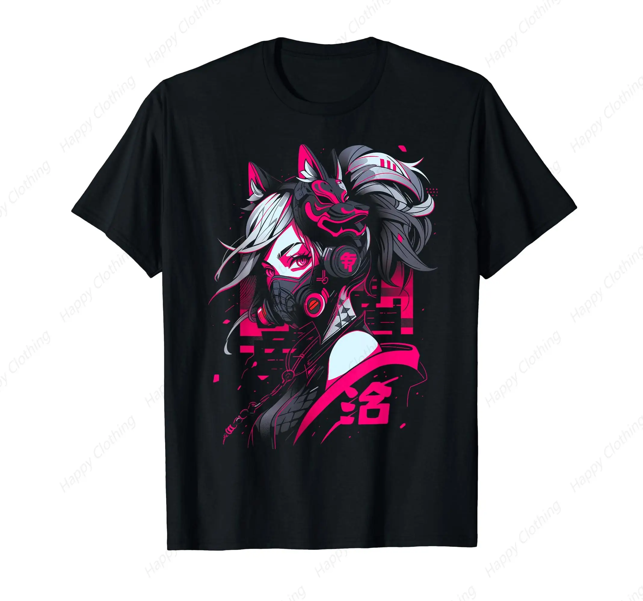 Anime Manga Kitsune Cyberpunk Aesthetic Techwear Harajuku T-Shirt Y2K Print Streetwear T-Shirt