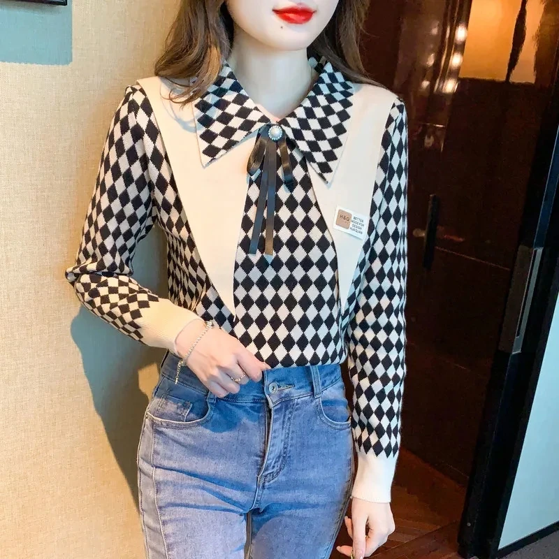 

Women Winter Autumn New Doll Neck Bow Stripe Knitted Fashion Underlay Sweaters