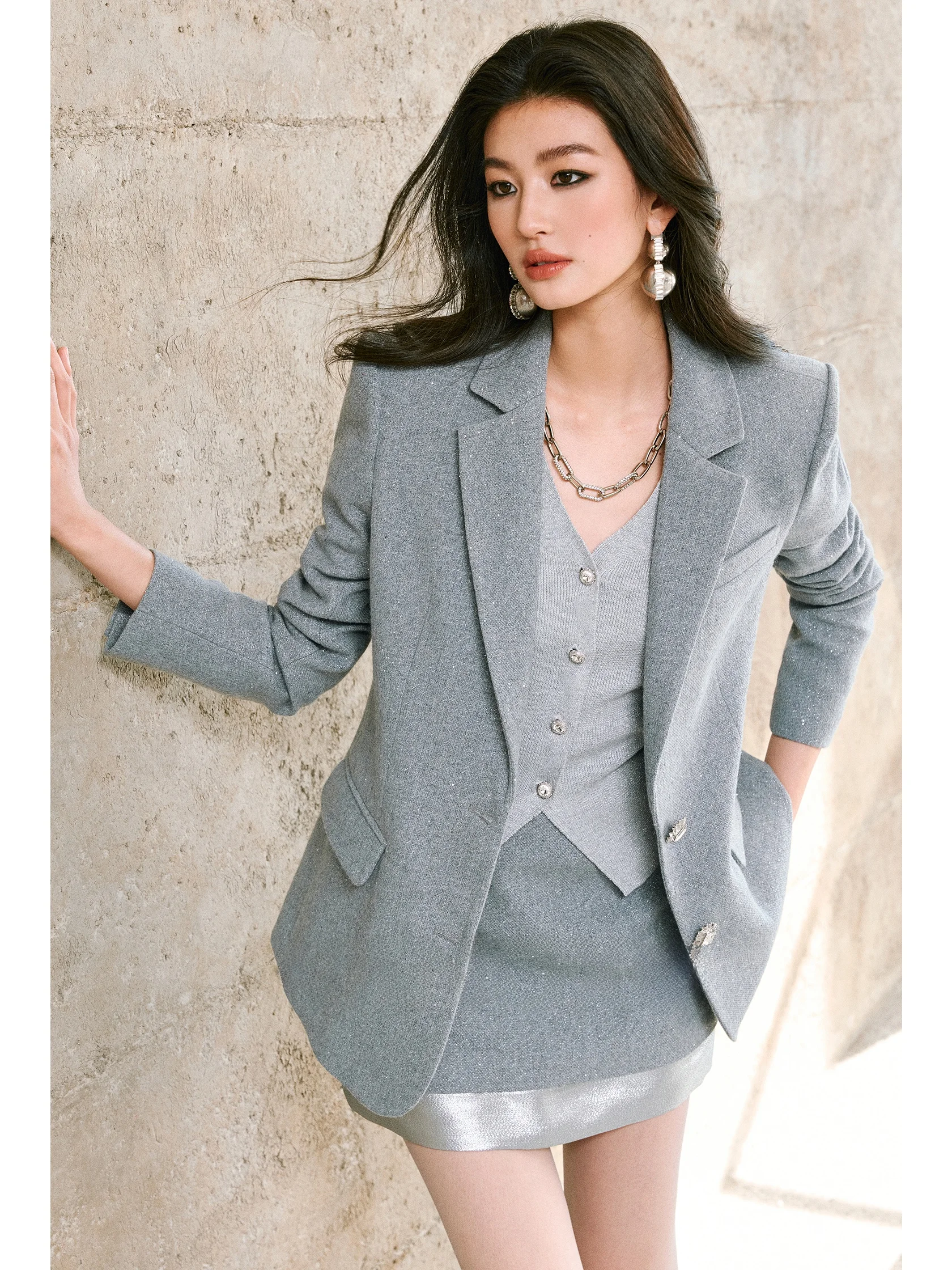 

Костюм Wangxo Luxury из шерсти с широкими плечами, пиджак с острыми лацканами и юбка А-силуэта, комплект из двух предметов для женщин, зимняя мода