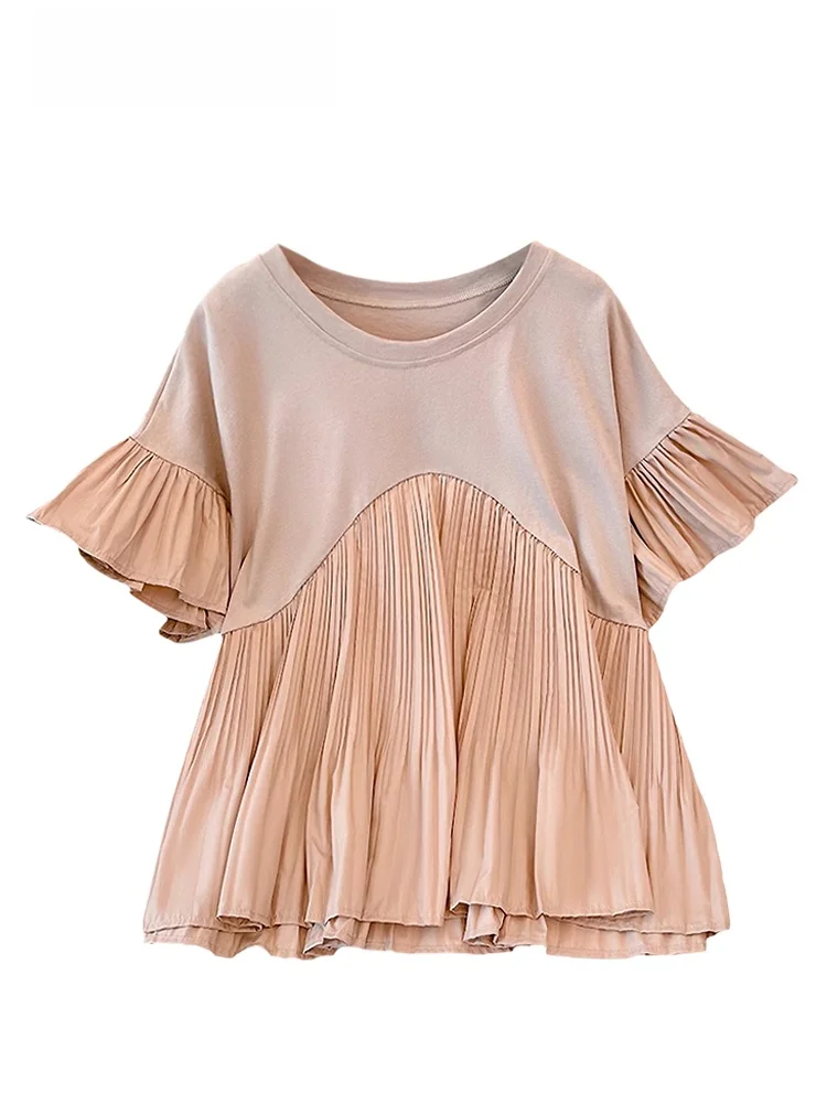 

Cara CLUB plus Size Fashionable Lace Shirt Women's Short Sleeve Chiffon Patchwork Summer Slimming Belly Cover Trendy Top