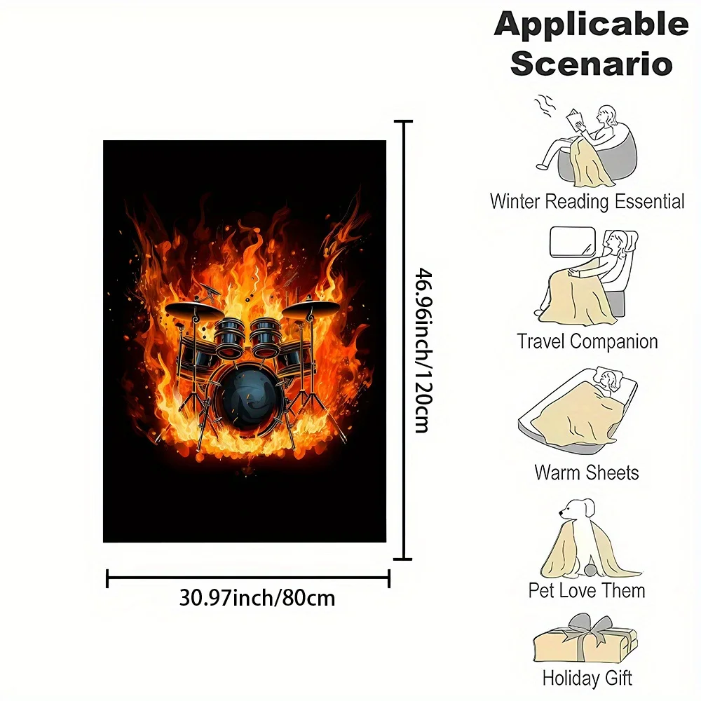 Rock Drum Set Fire Throw Blanket Unique Music Lover Gift Decorative Throw for Couch Sofa Cozy Winter Fall Concert Style Home