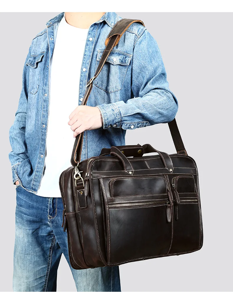 Crazy Horse Leather Men's Briefcase Vintage Business Handbag Top Layer Cowhide Laptop Bag