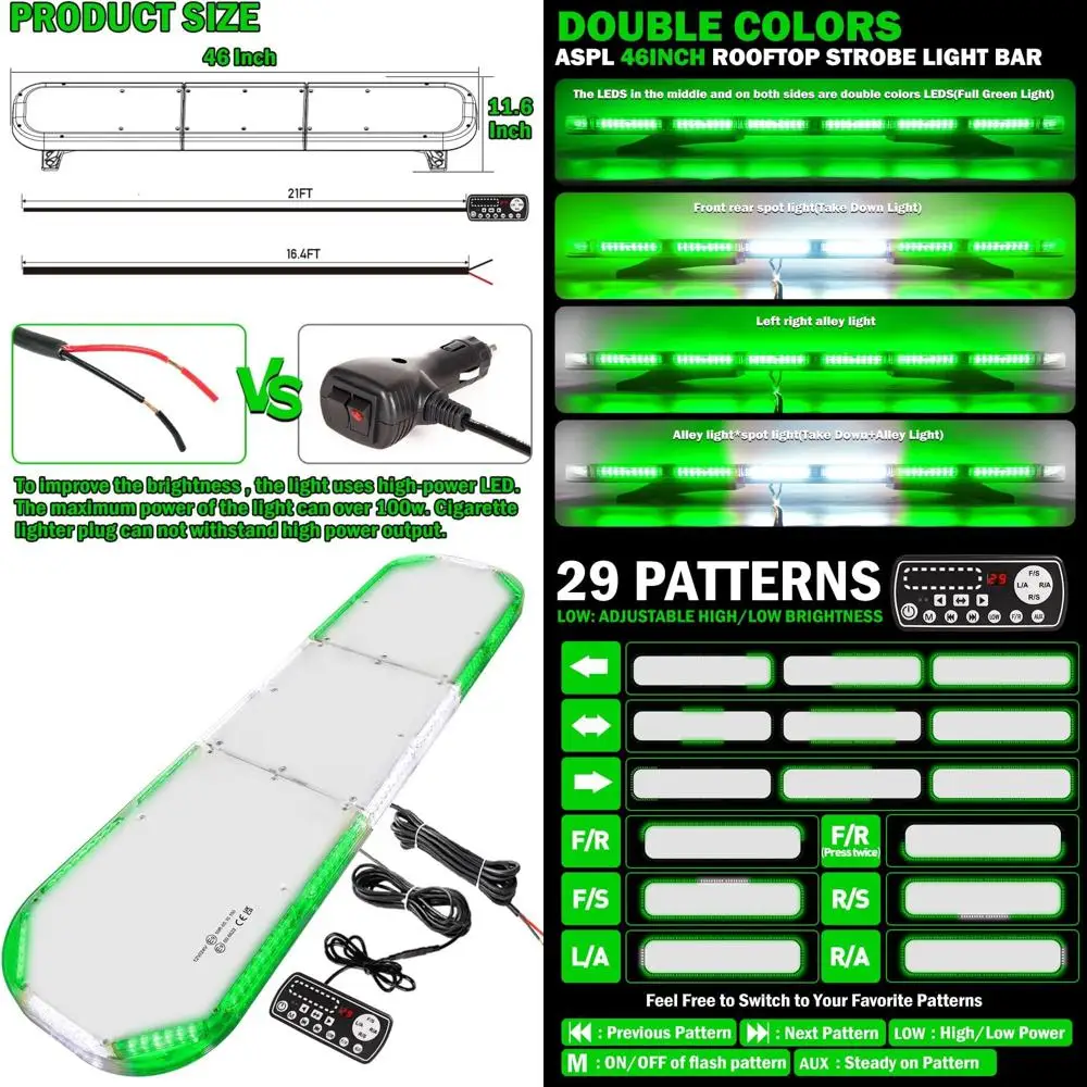 

46 Low Profile LED Strobe Light Bar - Warning, Security, Traffic Advisor for Construction Vehicles (Green)