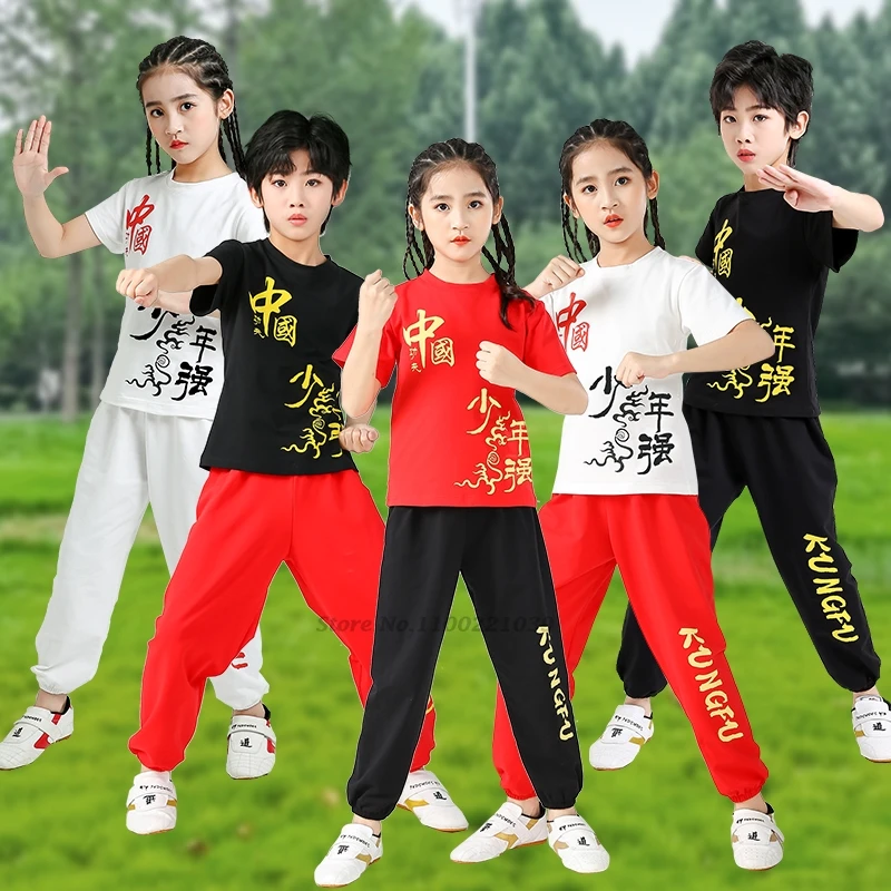 2024 chinese children wushu tai uniforms wushu kung fu exercise training martial arts words print oriental shirt +pants set