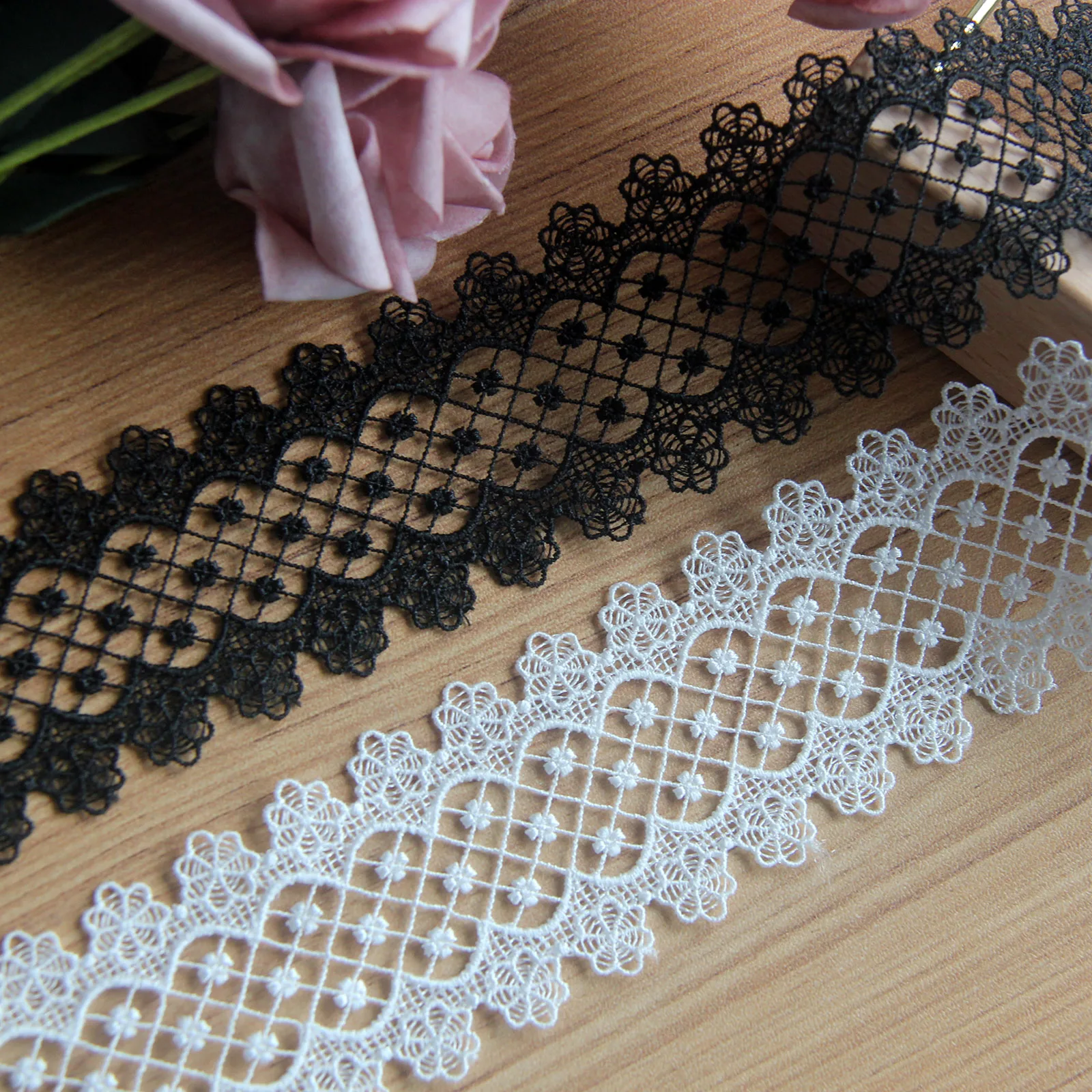 Double Side Embroidered Net Lace Fabric, Black and White, Trim Ribbons, DIY Sewing, Handmade Craft Materials, 2 Yards