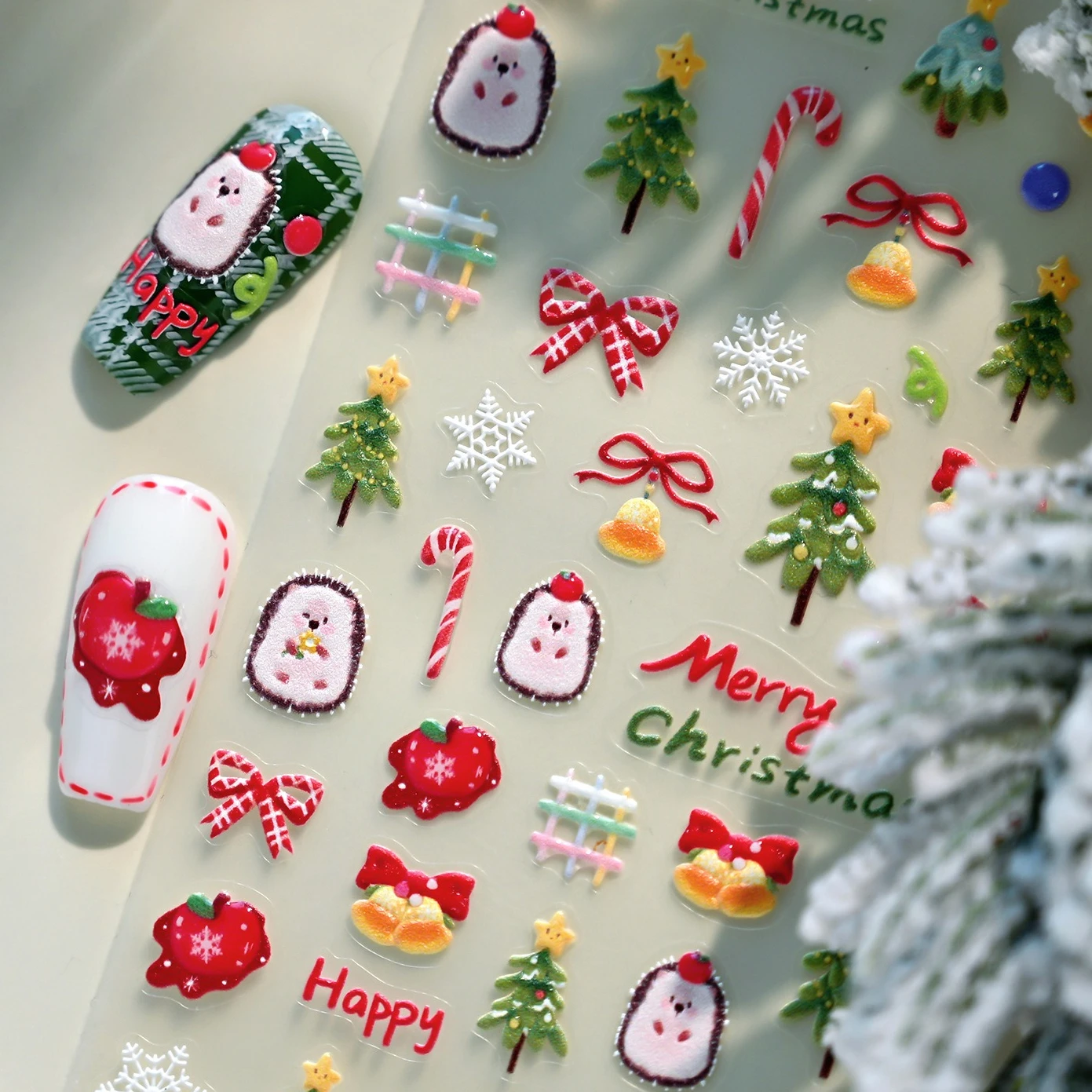 Hedgehog Apple Bowknot Snowflakes Christmas Pine Tree Bell Crystal Snowman Garland Winter Santa Claus Nail Art Stickers Decals