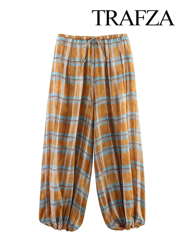

HH Women's Autumn Fashion Vintage Ramie Bloomers Plaid Printed Loose Long Pants Female High-Waist Drawstring Casual Trousers