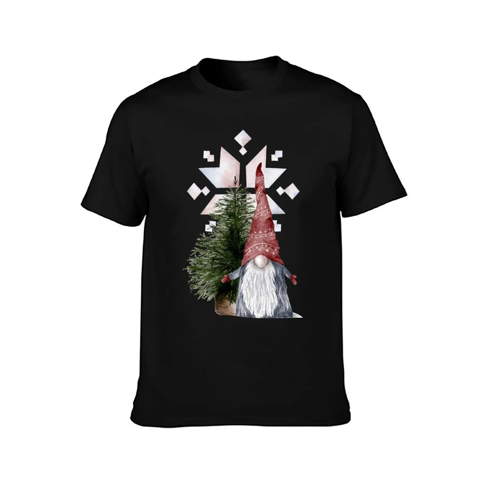 Scandi Christmas Gnome + Christmas Tree + Snowflakes Pattern T-Shirt Summer Casual Cotton Tee Oversized Streetwear Tops