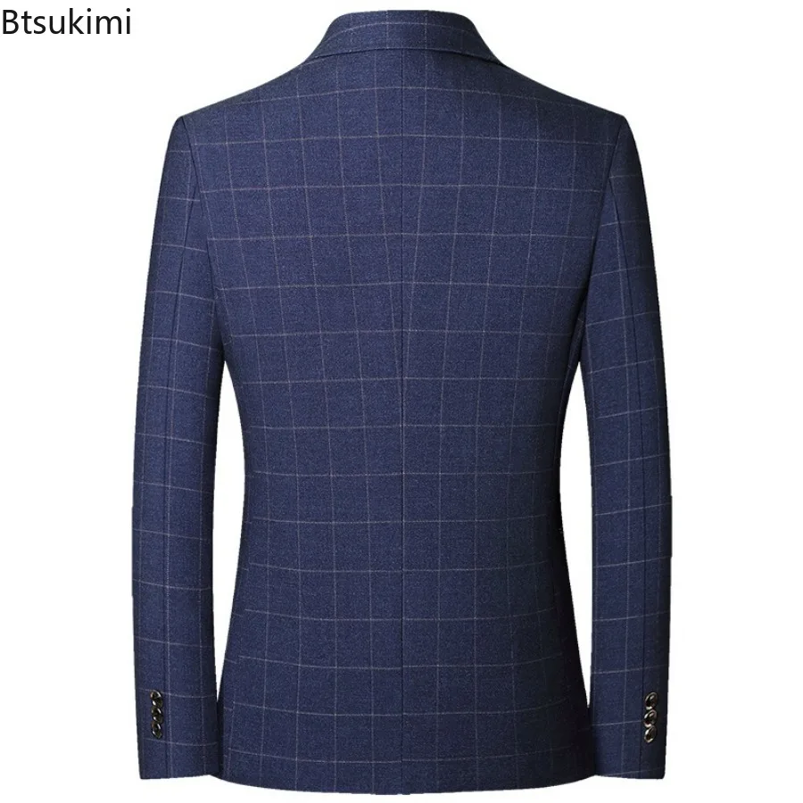 2024 Men's Formal Business Office Blazer Jacket Suits Plaid Middle Age Gentlemen's Wedding Evening Party Blazer Luxo Masculino