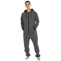 Men's Long Sleeve Pajamas Zipper V Neck Solid Color Hoodie Sleepwear Men Fall And Winter Casual Pants 1 PC Jumpsuit