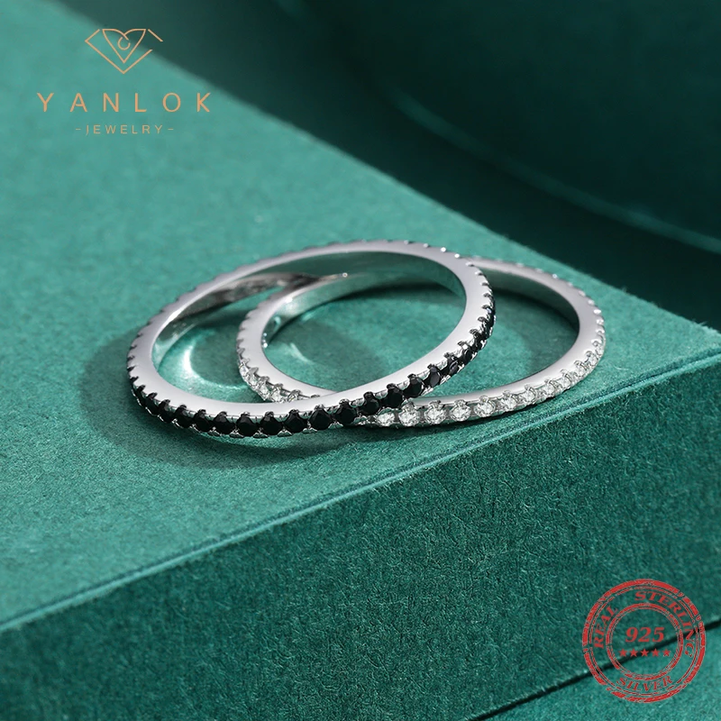 YANLOK, Plata de Ley 925, Zirconia negra, moda de oficina, anillo de circonia cúbica Simple para uso diario para mujer, joyería fina llamativa