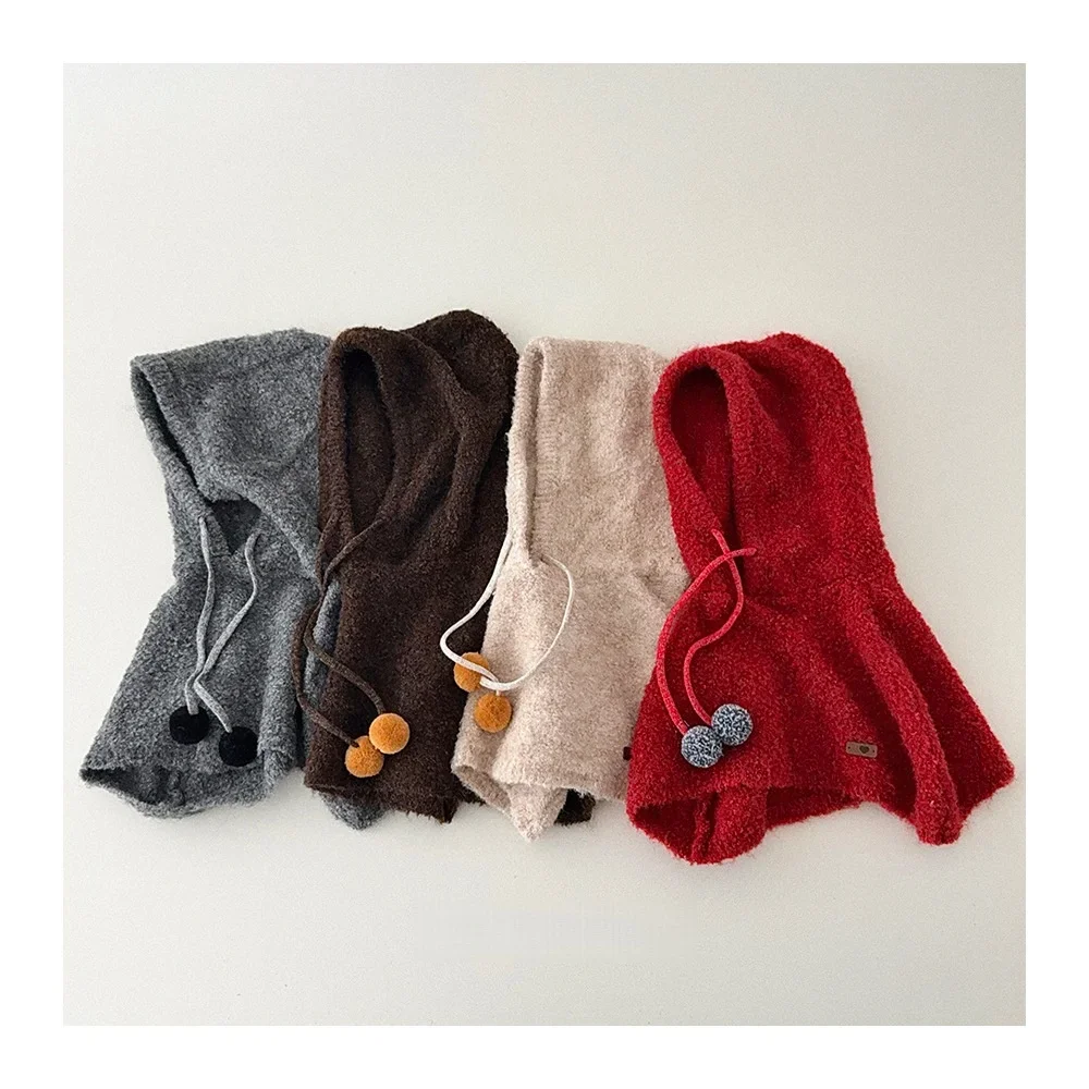 

Children's Cozy Pom Pom Hooded Shawl Kids Girl Boy Thicken Warm Hooded Knitted Cape Hat Christmas Winter Outerwear Accessory