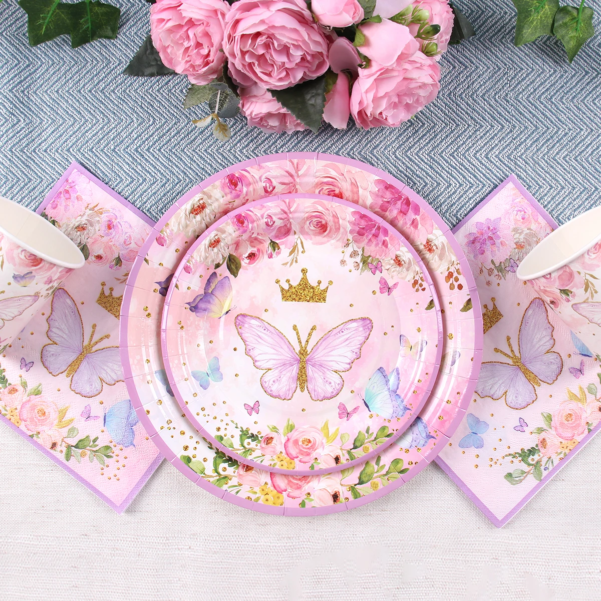 Pink Butterfly Birthday Tableware Backdrop Happy 1st First Birthday Party Decorations Kids Girl Butterfly Decoration Baby Shower