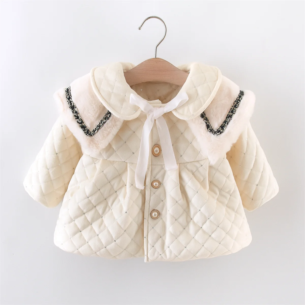 Winter Baby Girl Large Neck Thick Coat Sequin Quilted Single Breasted Solid Color Cute Cotton Filled Warm Windbreaker