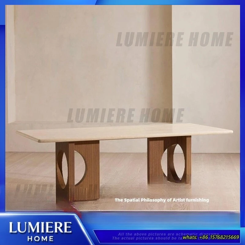 

Mid Century Modern Rectangular Coffee Table Solid Wood Natural Marble Hole Design Living Room Dining Table Home Cafe