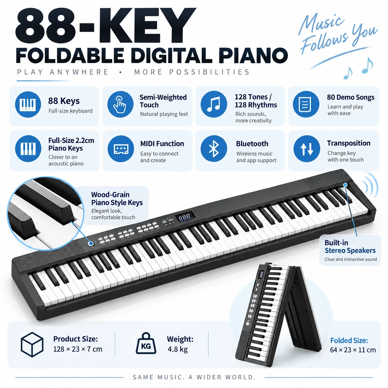 Portable Foldable 88-Key Digital Piano, Semi-Weighted Keys Bluetooth MIDI Electronic Keyboard