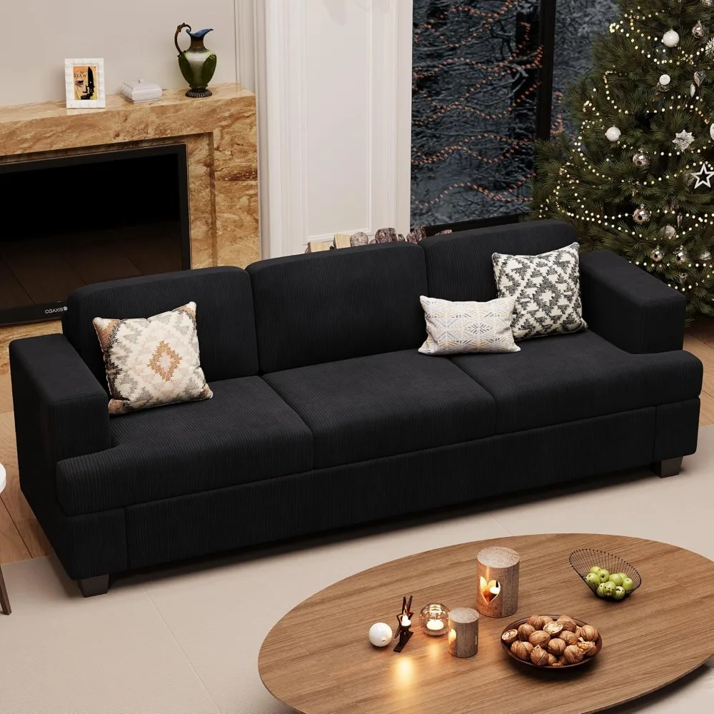 

Tri-Seat Corduroy Living Room Sofa, 89-Inch Black Cloud Couch, Plush Seating Floor Couch for Bedrooms, Modern Futon Sofa Section