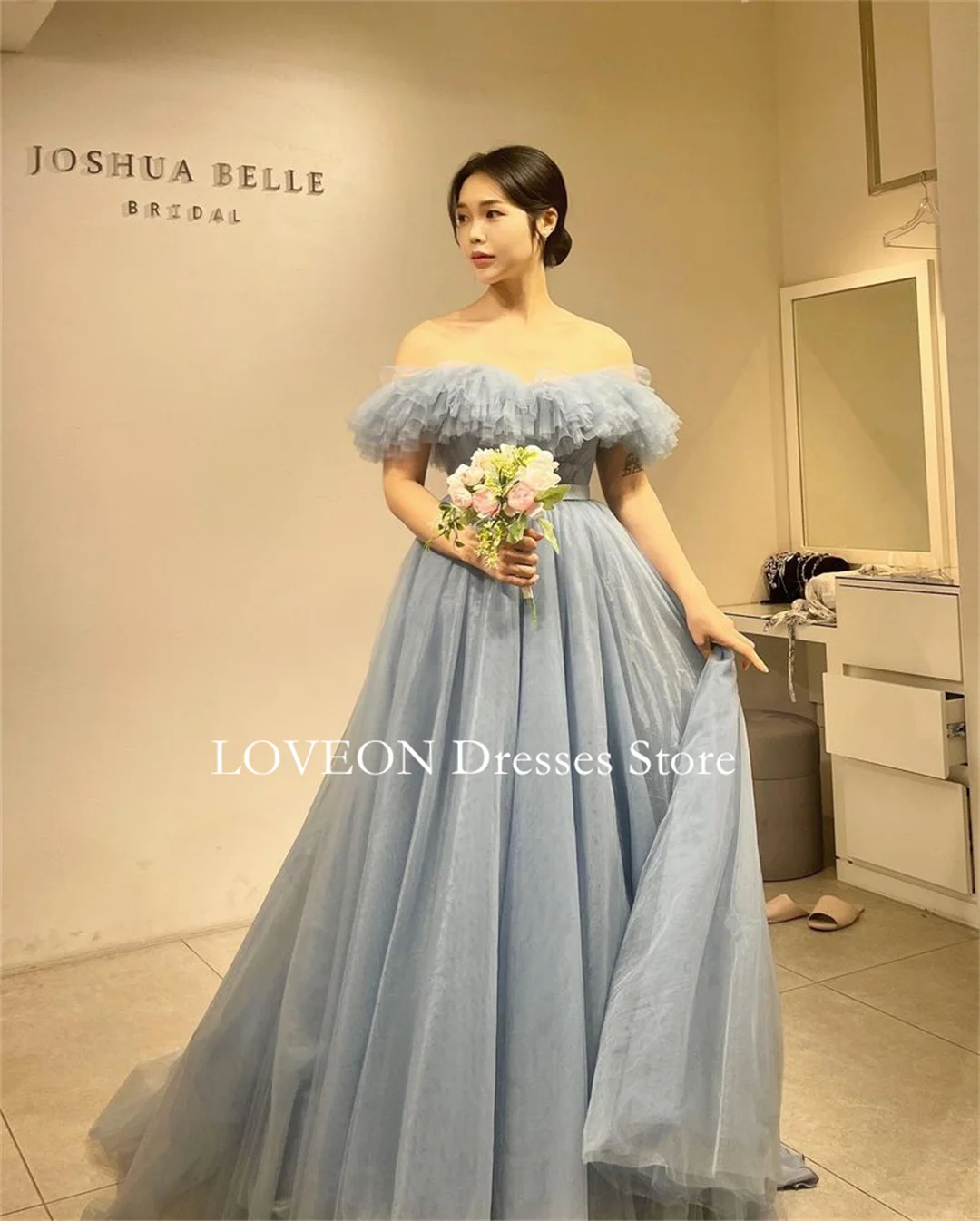 

GIOIO Elegant Off Shoulder Korea Blue Evening Dresses Formal 프롬드레스 New Designs Short Sleeves Tulle Prom Gowns Party Women Bride