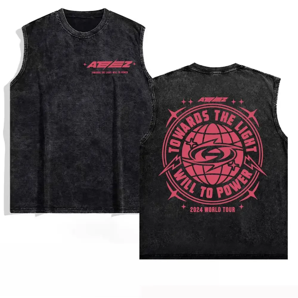 2025 Ateez Europe Tour Towards The Light Tops Men Women's Clothing Korean Fashion Hip Hop T-shirt Cotton Vintage Washed Tank Top